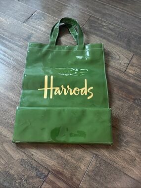 Harrods Green Glossy Tote with Gold Script